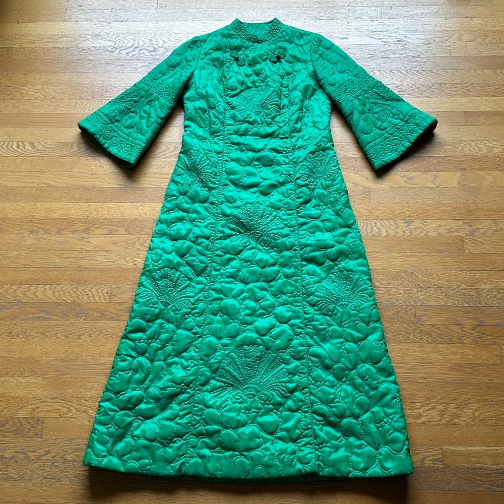 VINTAGE Unbranded Quilted Zip Front Robe Mandarin Collar Pockets, Green | Sz S/M